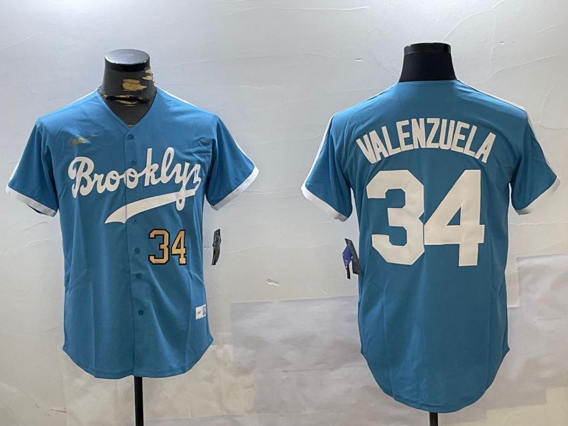 Men Los Angeles Dodgers 34 Valenzuela Light Blue Game 2024 Nike MLB Jersey style 10294